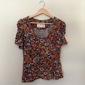 Maeve by Anthropologie Floral Ruched Sleeve Tee EUC